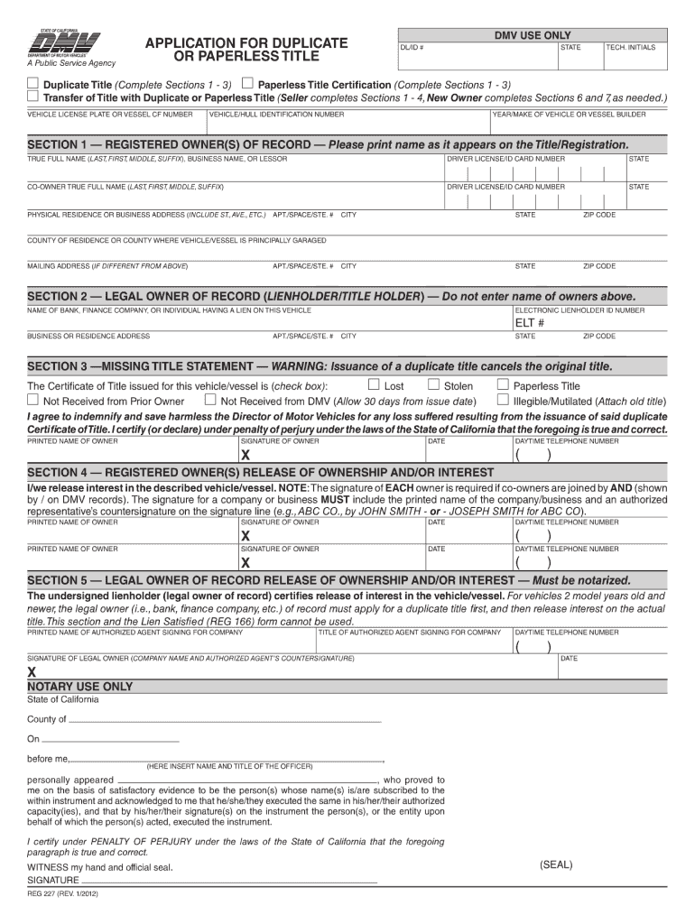 Calif Dmv Printable Forms Application for Duplicate or Paperless Title 2015