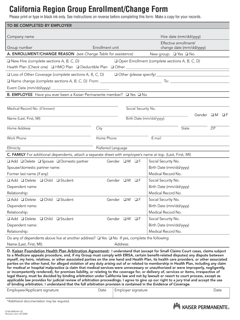  Kaiser California Region Group Enrollmentchange Form 2008