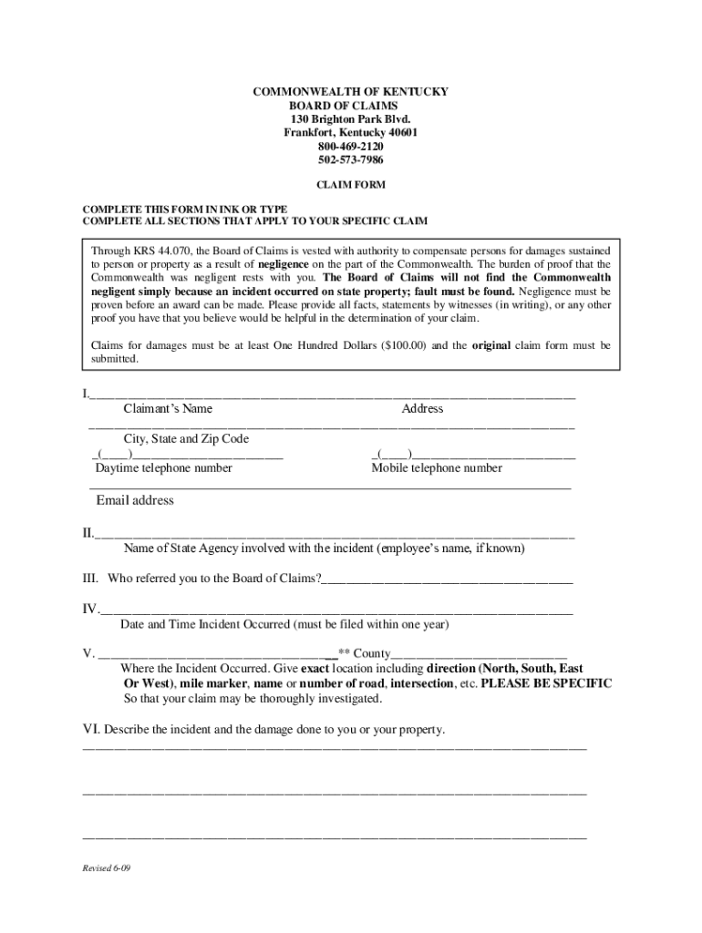 Kentucky Board of Claims  Form