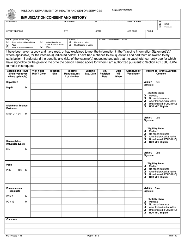  IMMUNIZATION CONSENT and HISTORY Missouri Department of Health Mo 2011