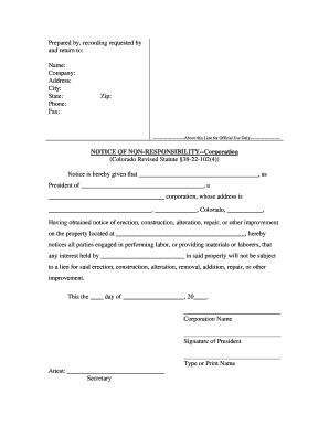 Colorado Notice of Nonresponsibility by Corporation  Form