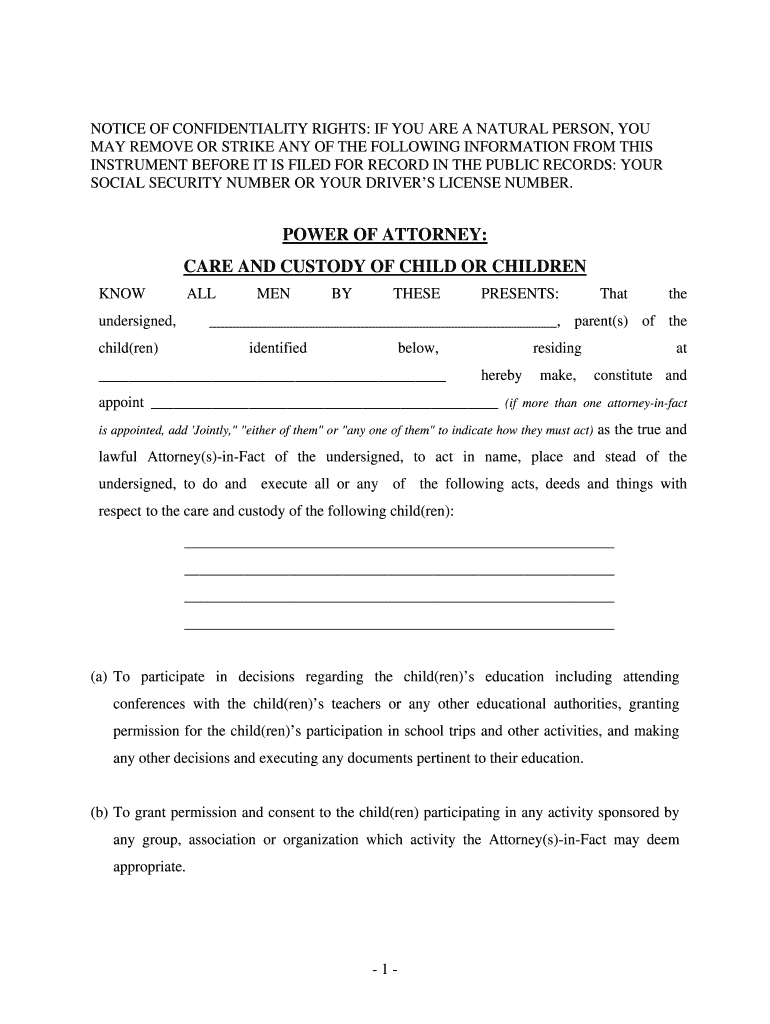 Power of Attorney Form for Minor Child Texas