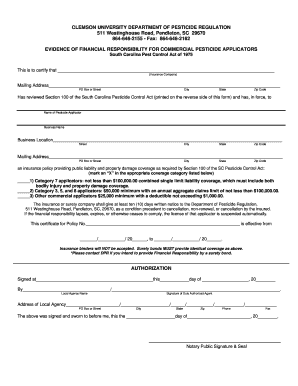 Clemson University Department of Pesticide Regulation Evidence of Financial Responsibility Form