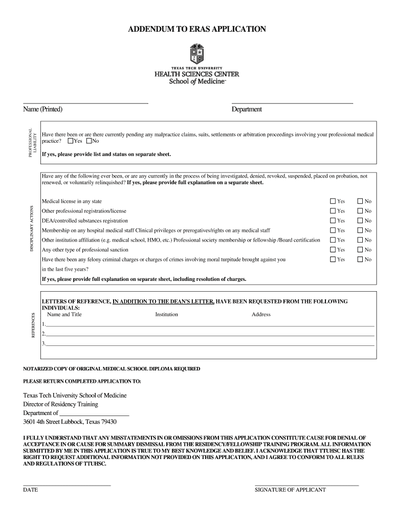 ADDENDUM to ERAS APPLICATION  Texas Tech University    Ttuhsc  Form