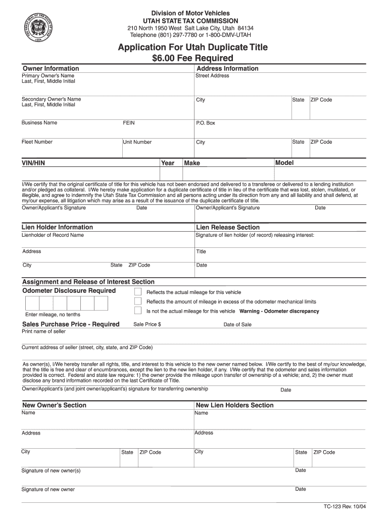 Utah Duplicate Title  Form