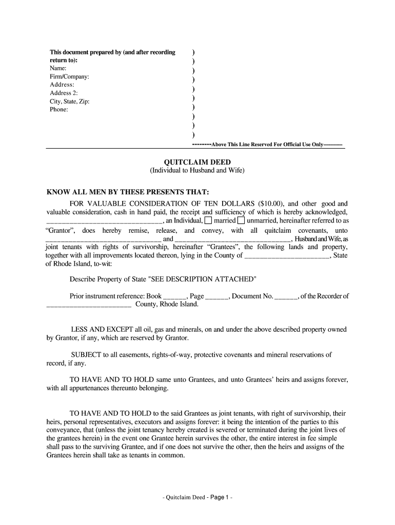 Rhode Island Quitclaim Deed from Individual to Husband and Wife  Form