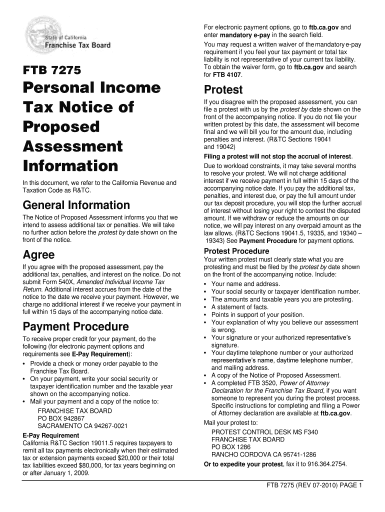  Ftb 7275 Sample Letter  Form 2010