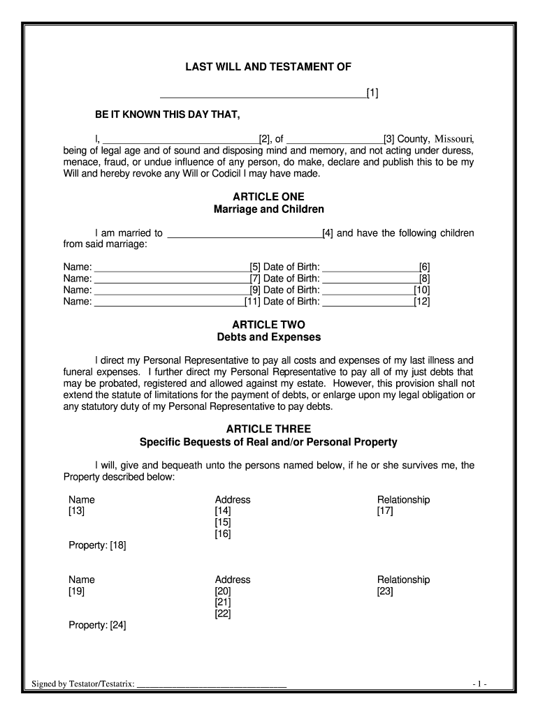 Missouri Will Template  Form