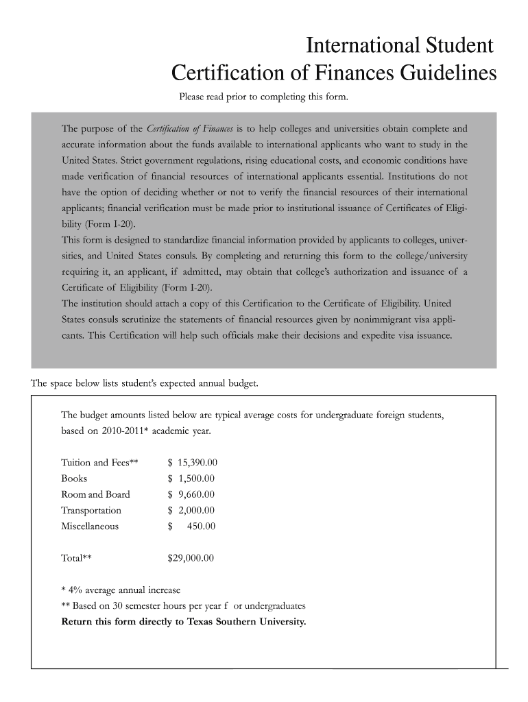 Texas Southern University Affidavit of Support Form