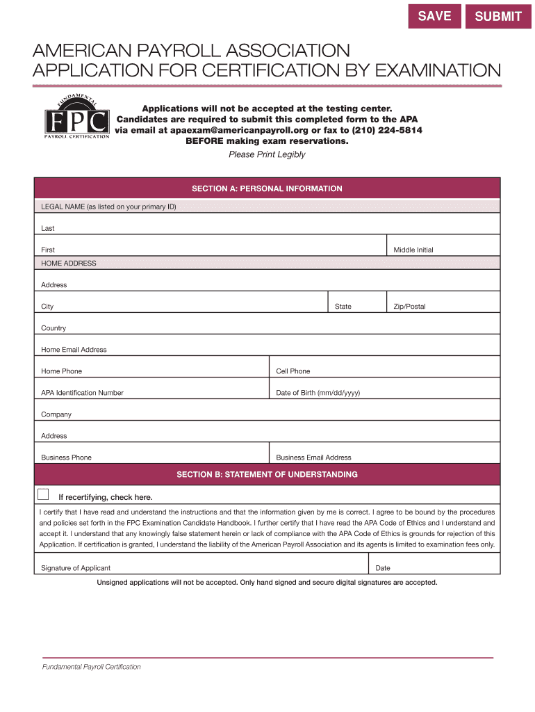 AMERICAN PAYROLL ASSOCIATION APPLICATION for  Form