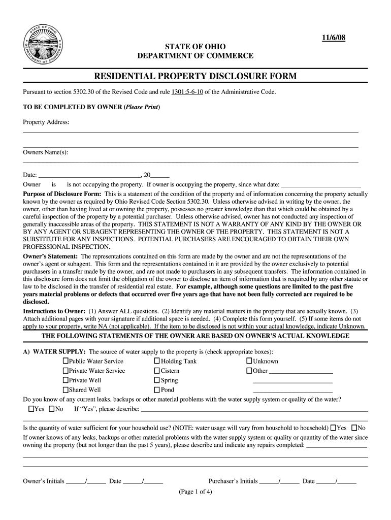  State of Ohio Department of Commerce Residential Property Disclosure Form Fillable 2008