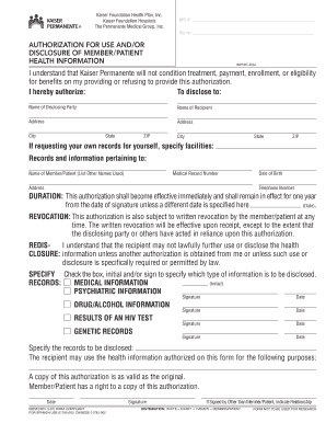 Kaiser Permanente Authorization for Use or Disclosure Form