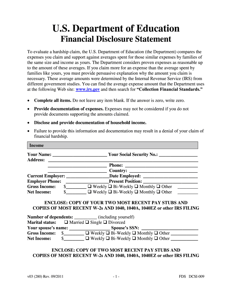  Us Department of Education Financial Disclosure Form 2011-2024