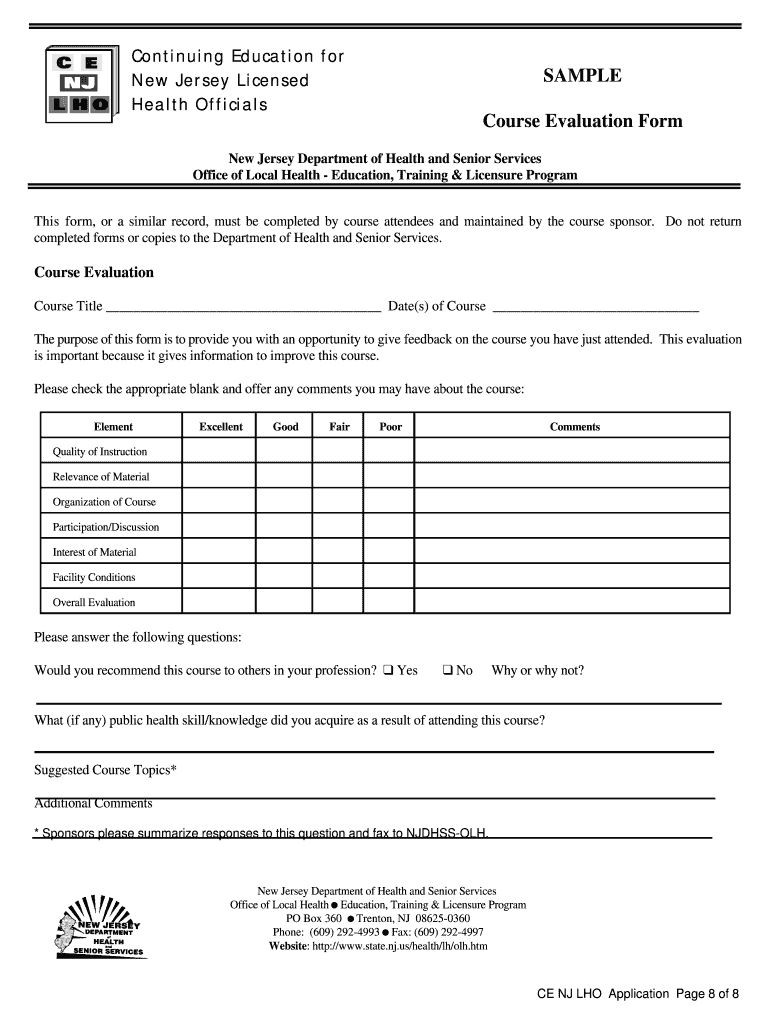 SAMPLE Course Evaluation Form  Nj