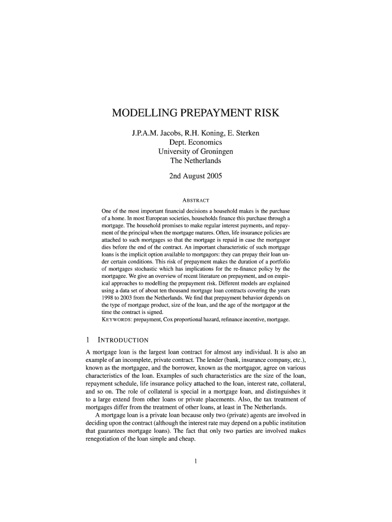 Modelling Prepayment Risk the Netherlands Economics University of Groningen Form