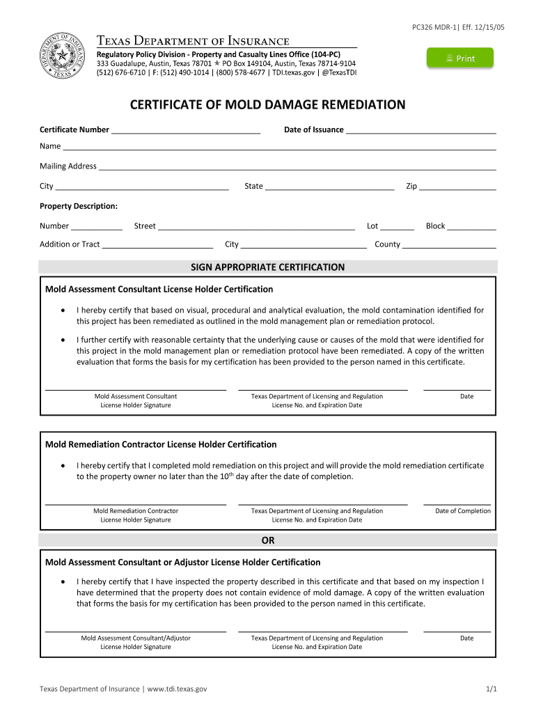 Mold Remediation Certificate of Completion  Form