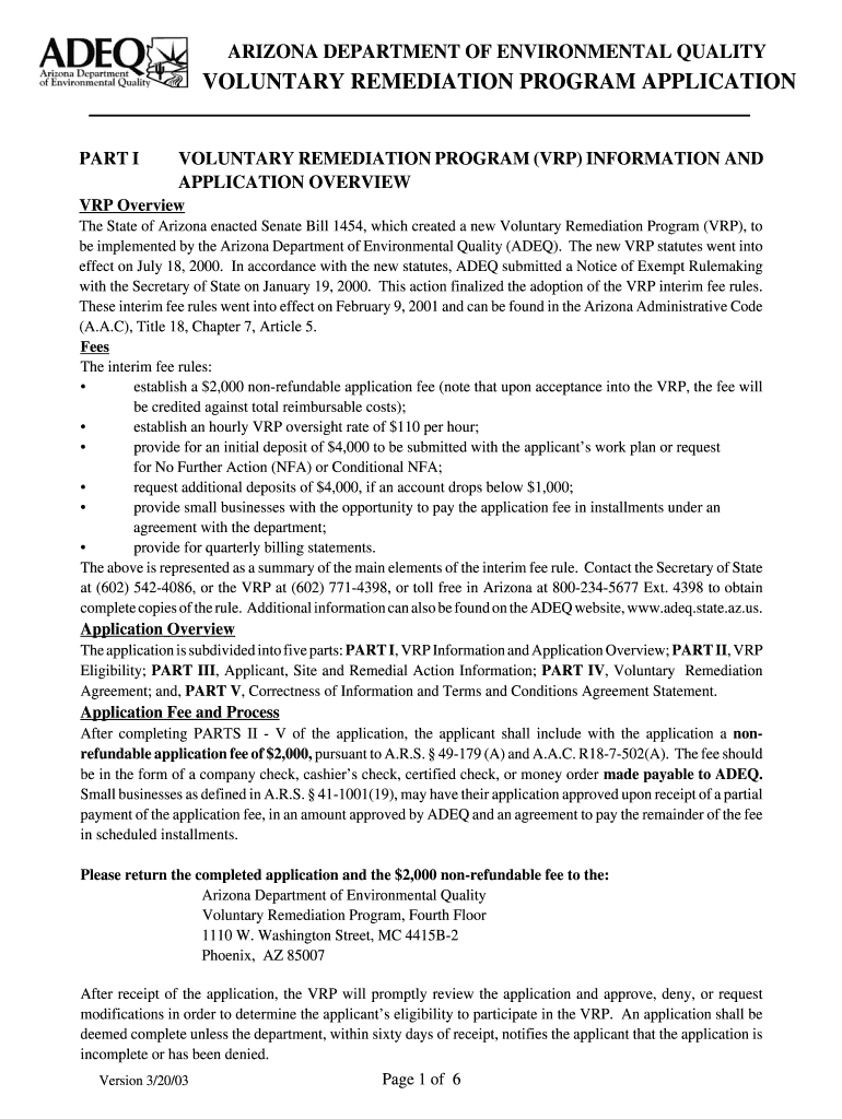  VOLUNTARY REMEDIATION PROGRAM APPLICATION 3 20 03  Azdeq 2003-2024