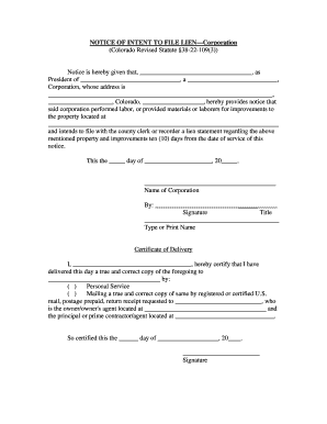 Intent to Lien Colorado  Form