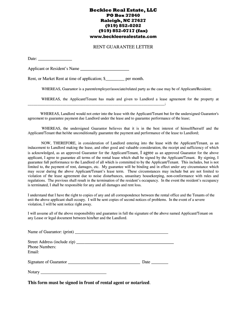 Guarantor Letter Sample for Rental  Form