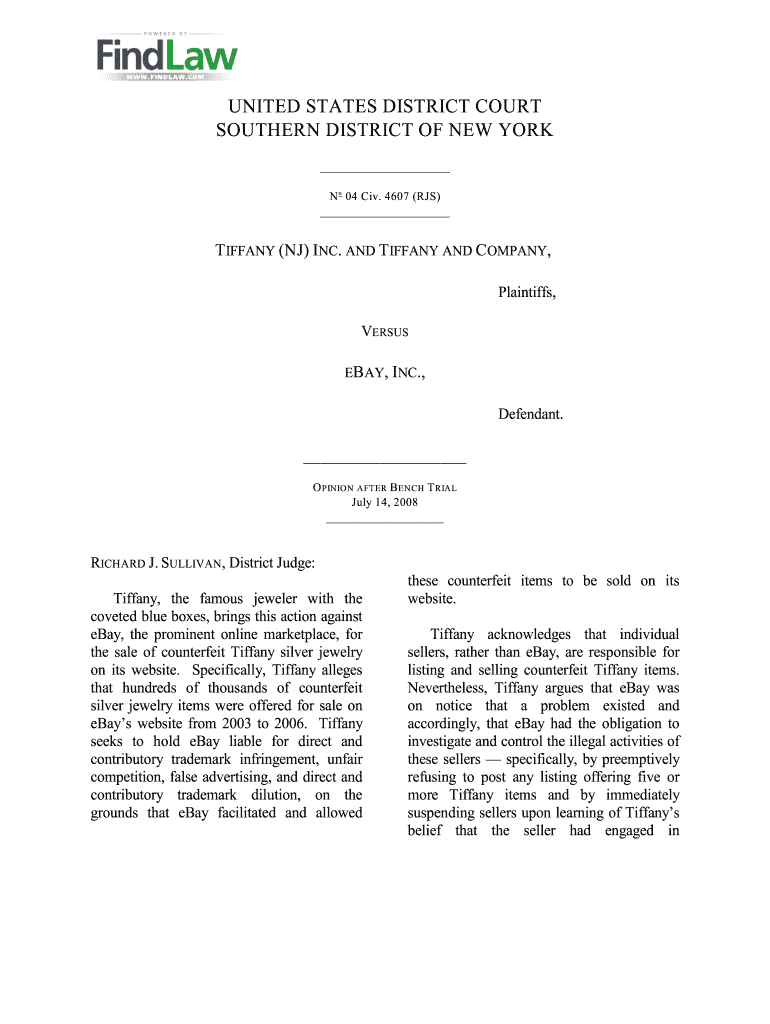 FindLaw Tiffany V EBay Court Decision and Ruling Alleging  Form