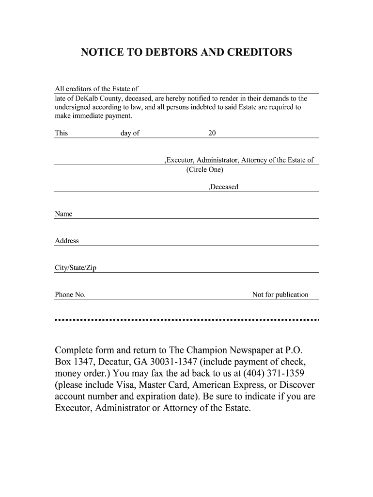 Notice to Debtors and Creditors Georgia  Form