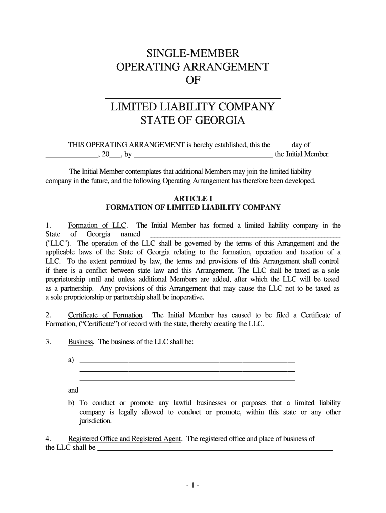 Get and Sign Single Member Llc Operating Agreement Georgia  Form