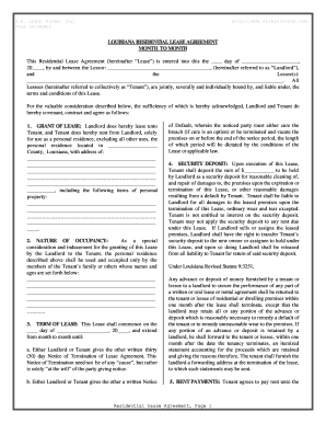 Louisiana Month to Month Rental Agreement  Form