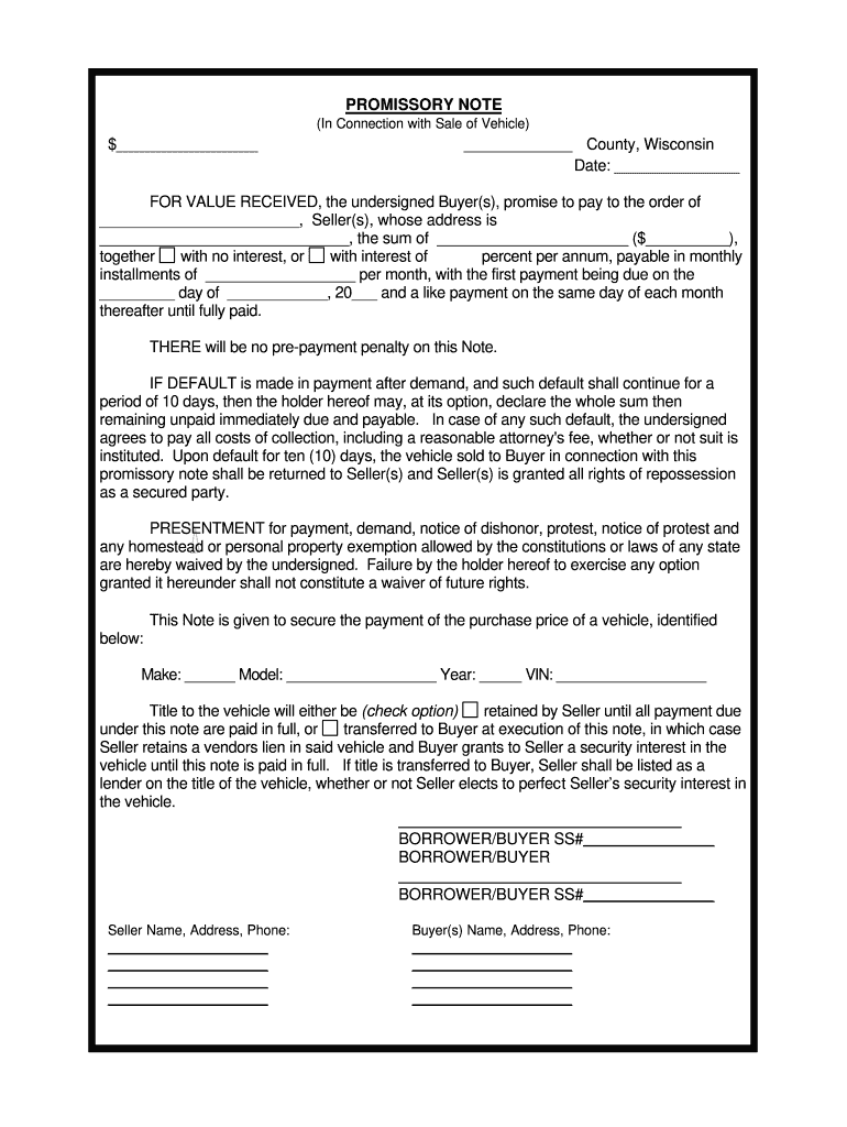 Wisconsin Promissory Note in Connection with Sale of Vehicle or Automobile  Form