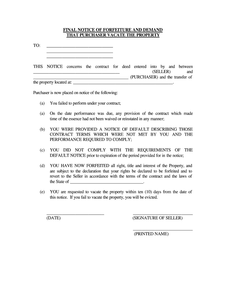 Arkansas Final Notice of Forfeiture and Request to Vacate Property under Contract for Deed  Form