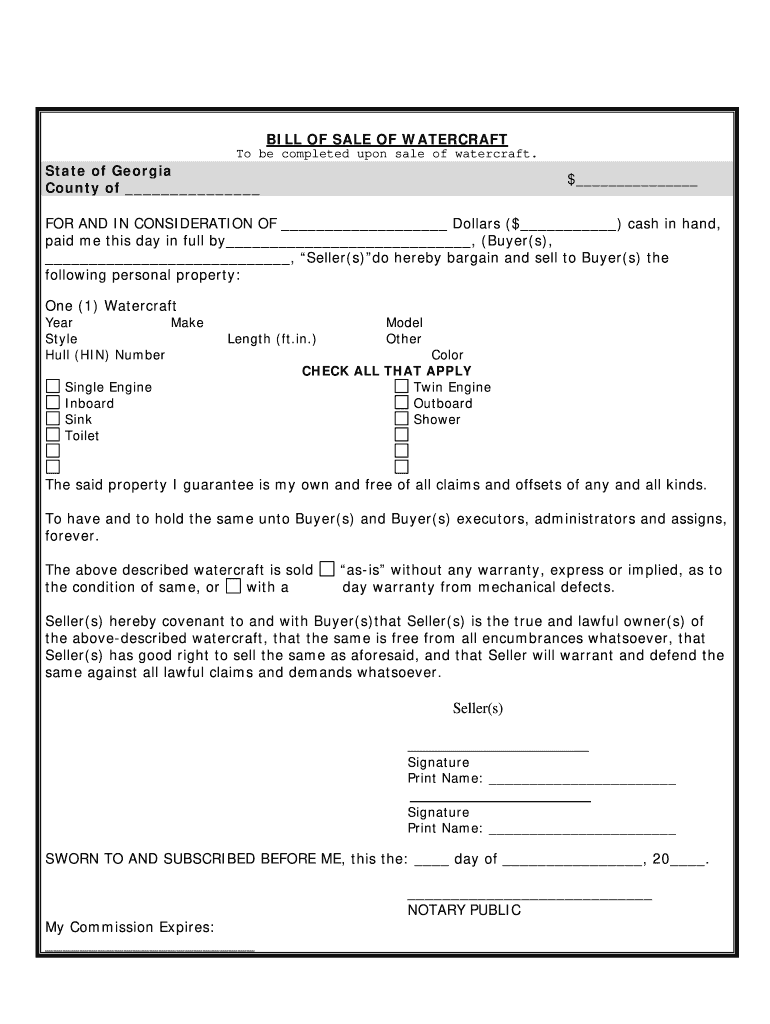 Ga Boat Bill of Sale  Form