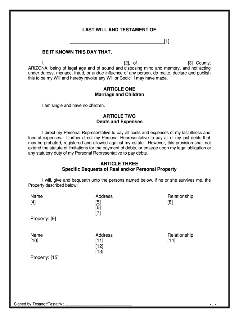 Arizona Legal Last Will and Testament Form for Single Person with No Children