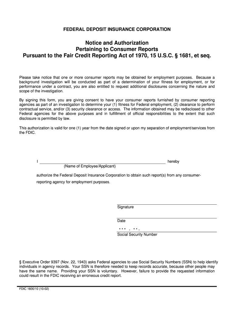Get and Sign Notice and Authorization Pertaining to Consumer Reports, FDIC    Fdic  Form