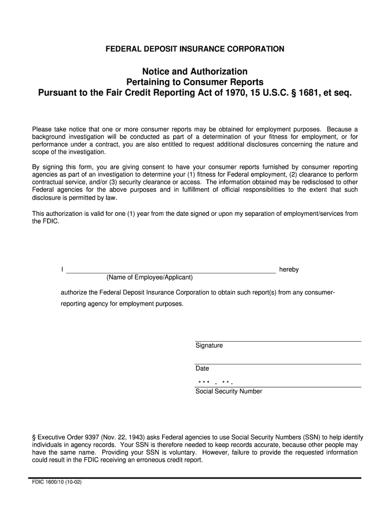 Notice and Authorization Pertaining to Consumer Reports, FDIC    Fdic  Form