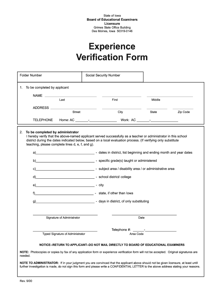Experience Verification Form State of Iowa Board of Educational Examiners