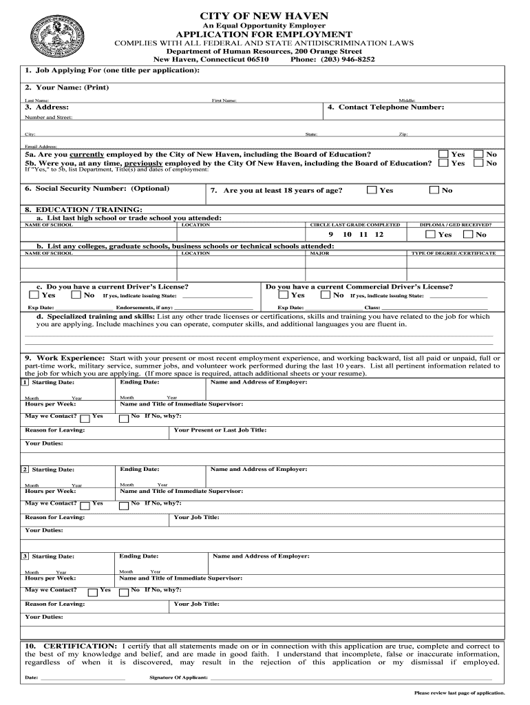 Job Application  City of New Haven  Form