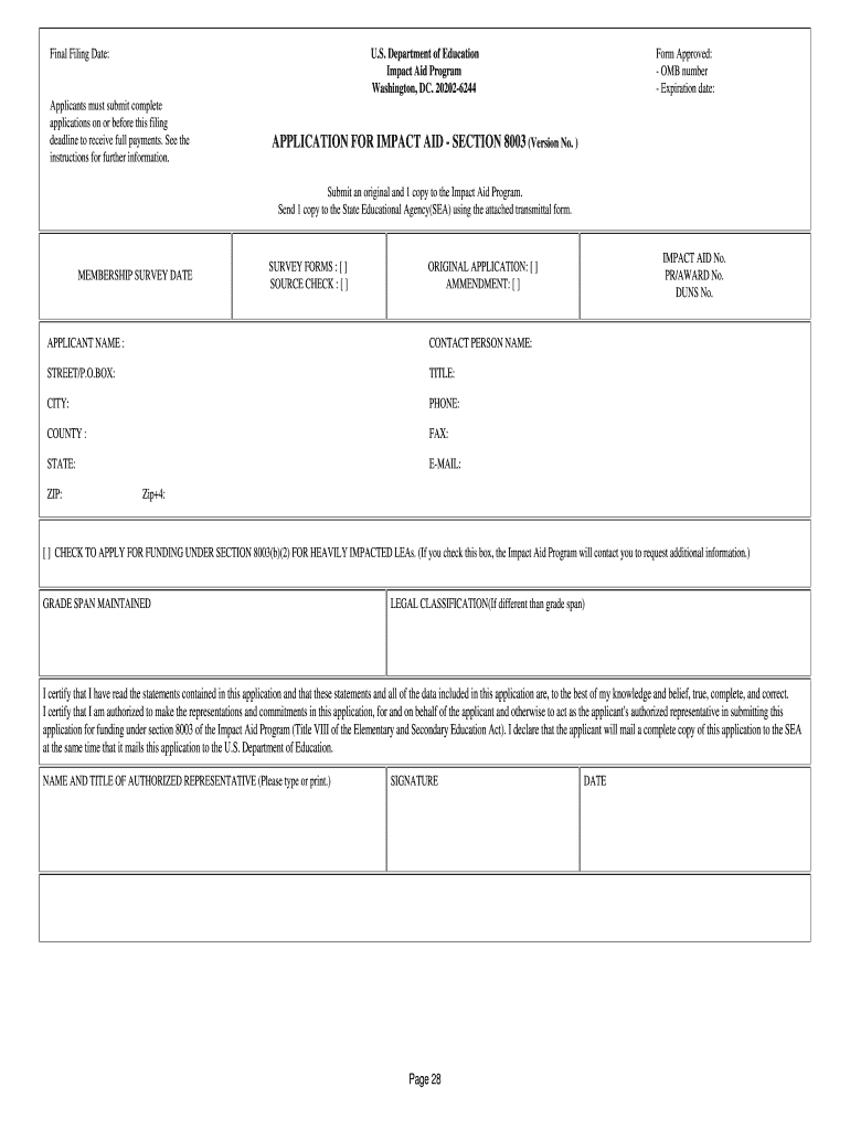Blank Application for Impact Aid  Section 8003 PDF  Www2 Ed  Form