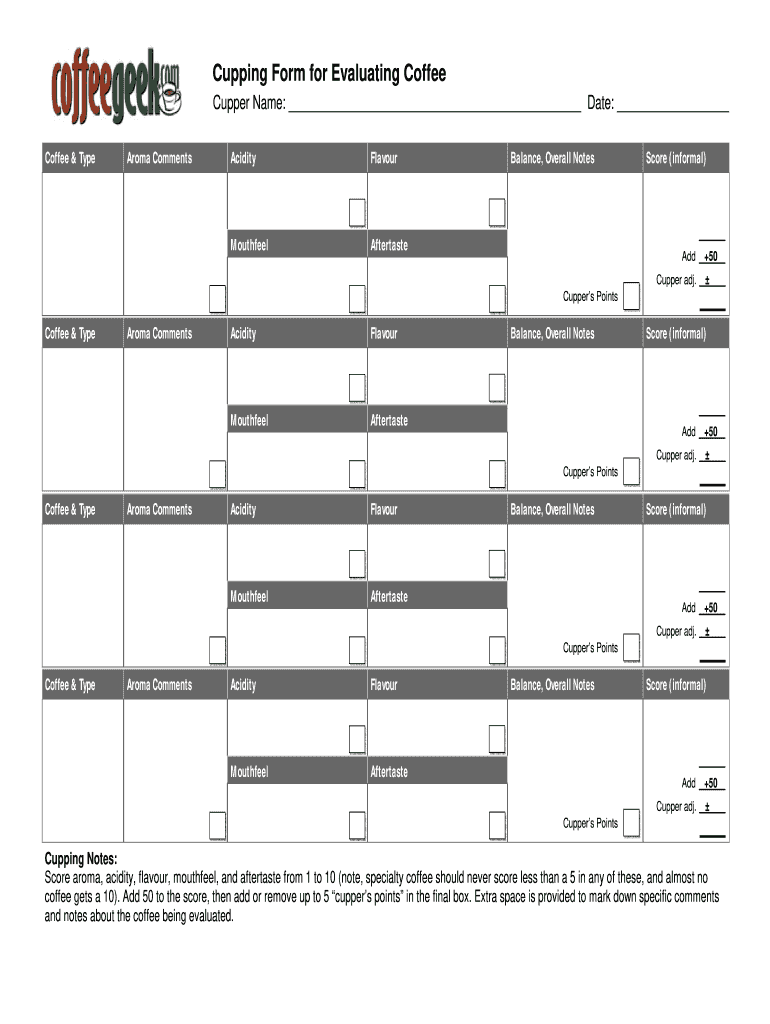 Coffee Tasting Notes Template  Form