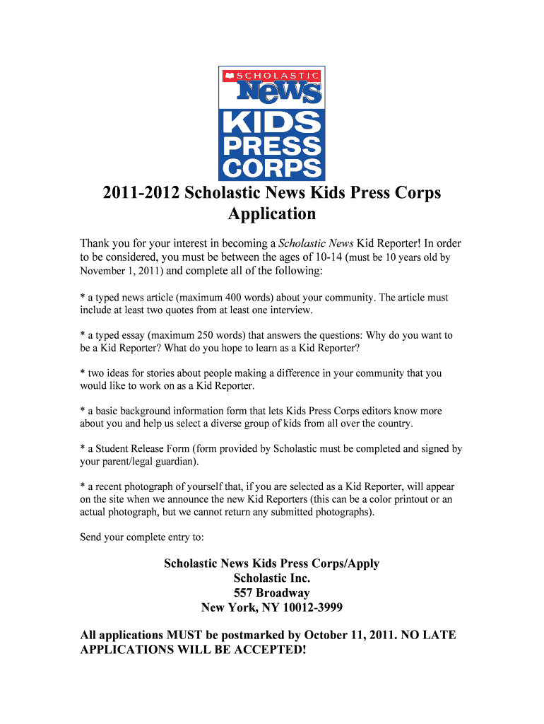 Scholastic News Kids Press Corps Application  Form