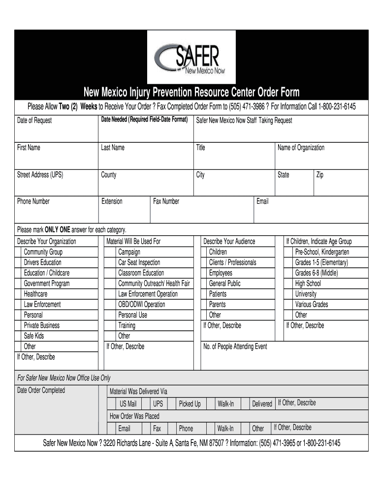 New Mexico Injury Prevention Resource Center Order Form  Safernm