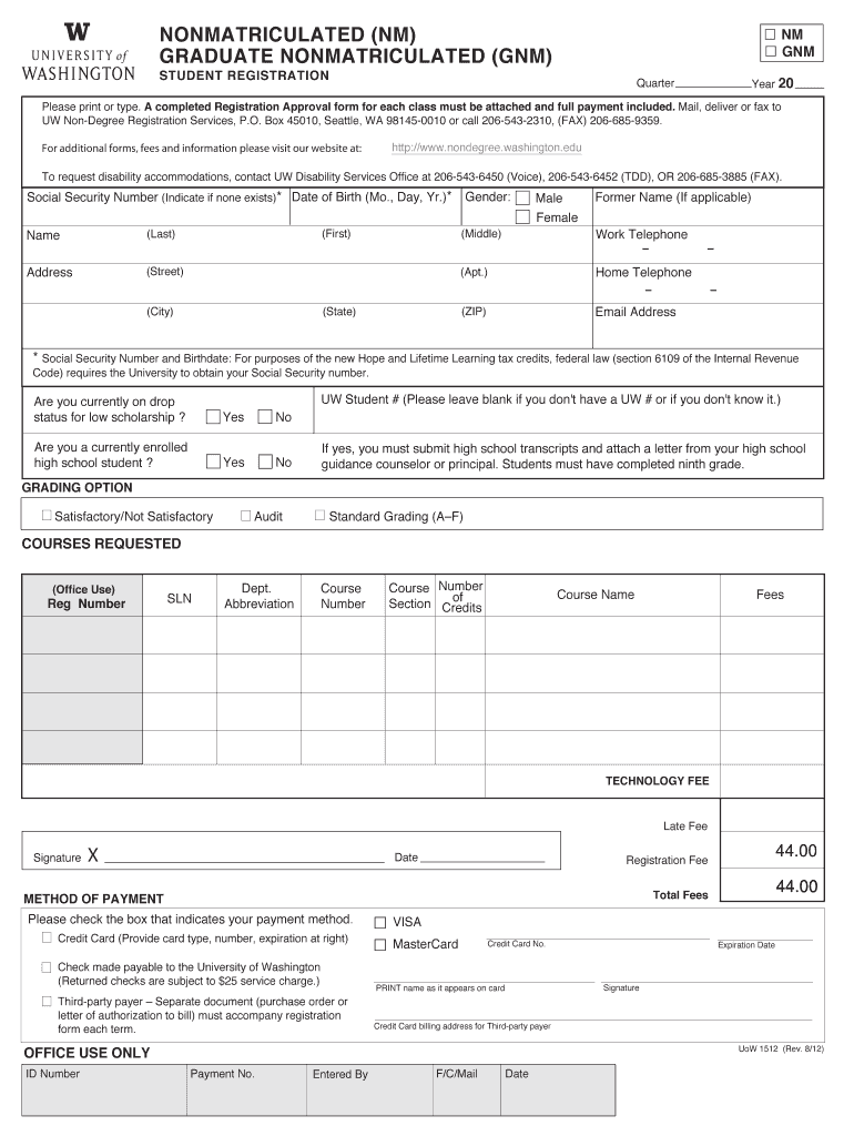 NONMATRICULATED NM GRADUATE NONMATRICULATED    Nondegree Washington  Form