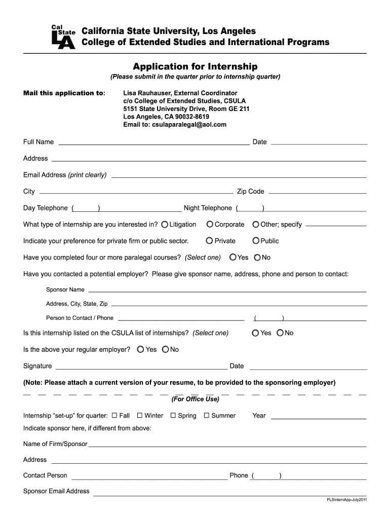 Application for Internship California State University, Los Angeles Calstatela  Form