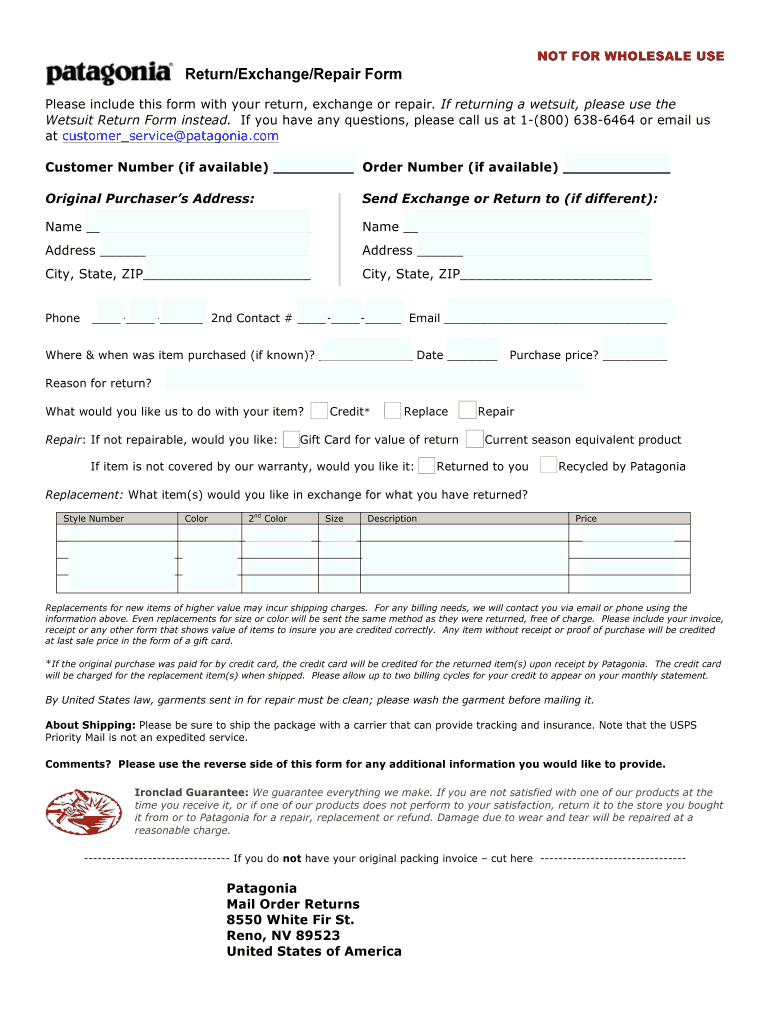 Patagonia Repair Form PDF