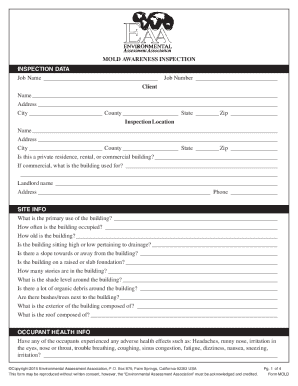 MOLD AWARENESS INSPECTION INSPECTION DATA Job EAA Eaa Assoc  Form