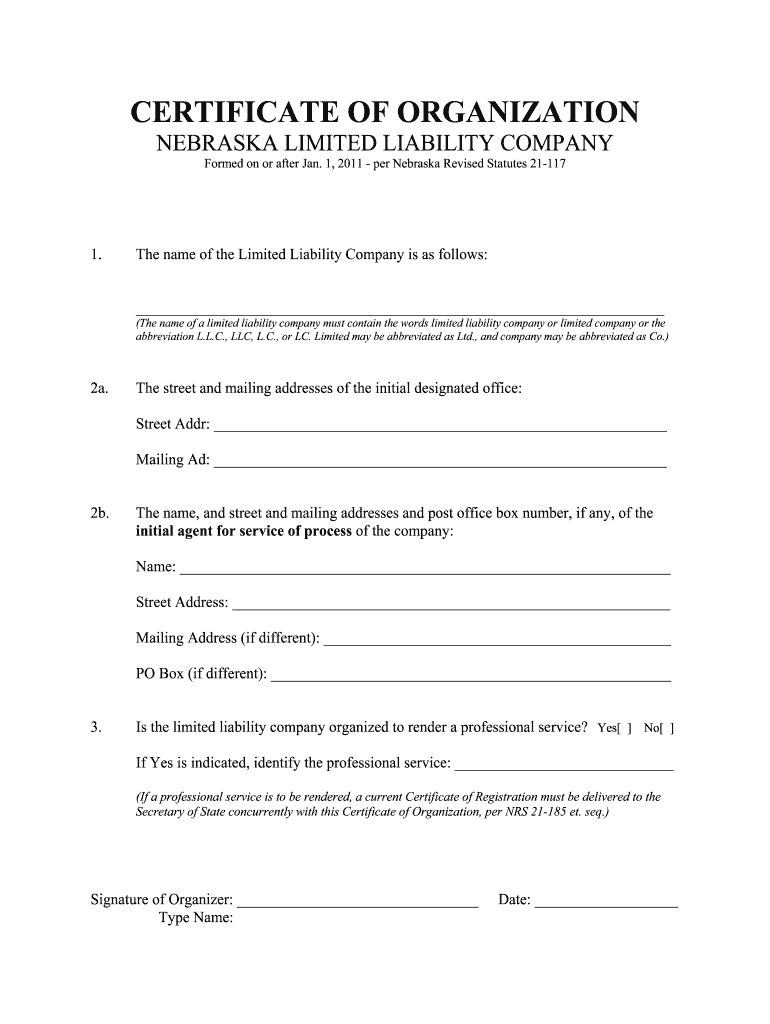 Certificate of Organization Template  Form