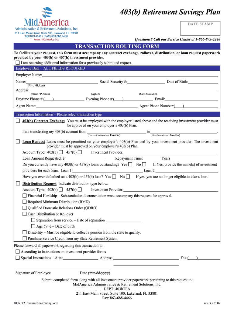  Mid America Transaction Routing Form 2009