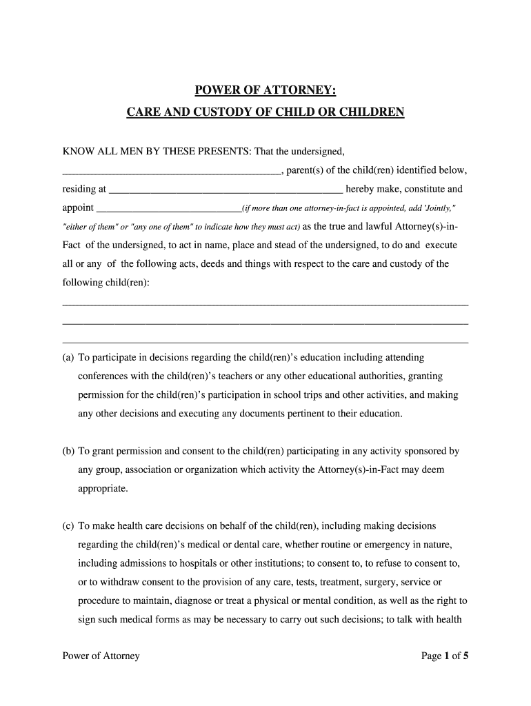 Power of Attorney for Care and Custody PDF  Form