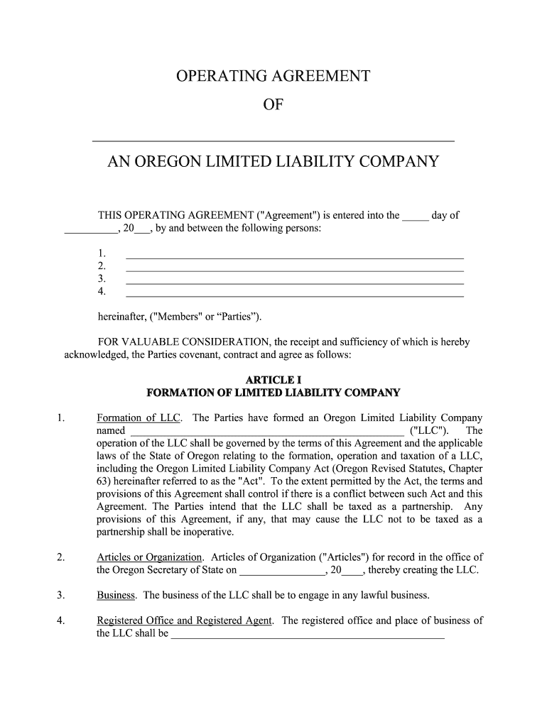 Llc Operating Agreement Oregon  Form