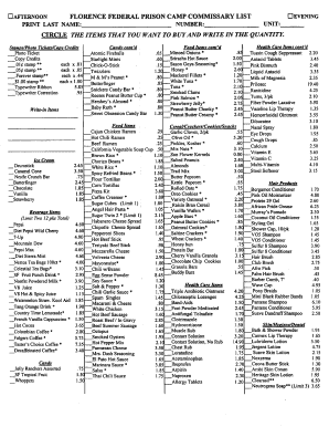 Commissary List Federal Bureau of Prisons Bop  Form