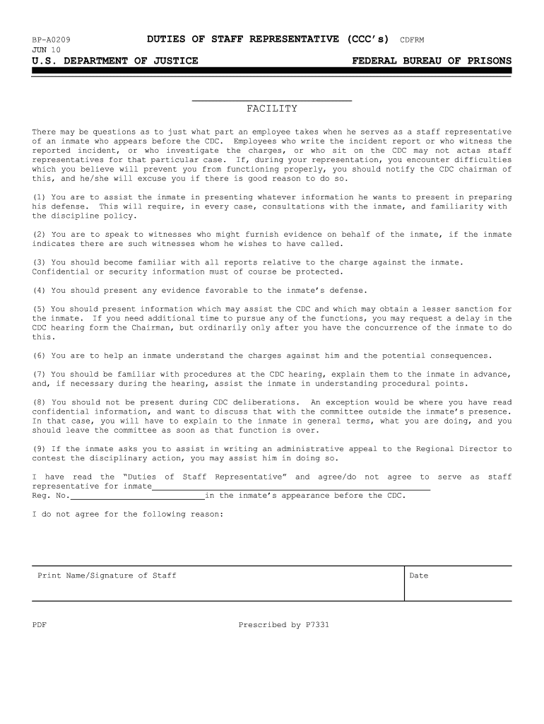 Form BP S209 073 Duties of Staff Representative CCC S