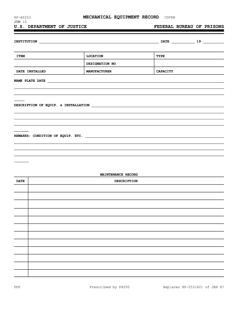 Form BP S253 042, Mechanical Equipment Record